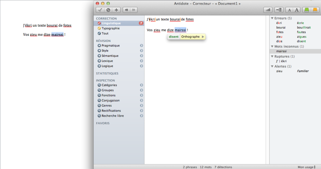 Exemple correction d'orthographe Antidote