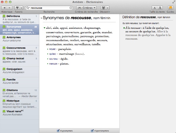 Exemple de synonyme pour le mot "rescousse" avec Antidote 8
